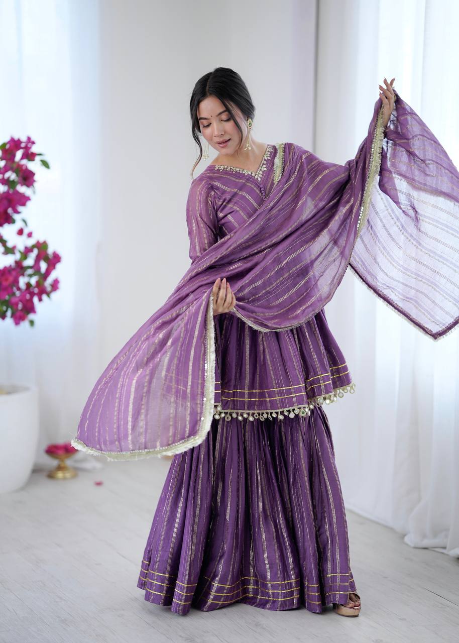 Deep Purple Chanderi Silk Sharara Set with Real Mirror Handwork by The Beauty Queen Surat