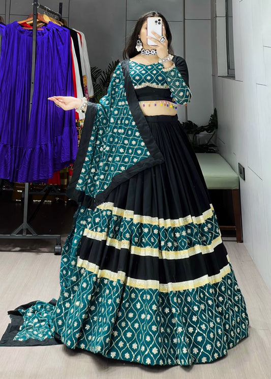 Black Pure Rayon Cotton Sequence Embroidery Work Navratri Lehenga Choli