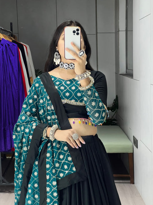 Black Pure Rayon Cotton Sequence Embroidery Work Navratri Lehenga Choli