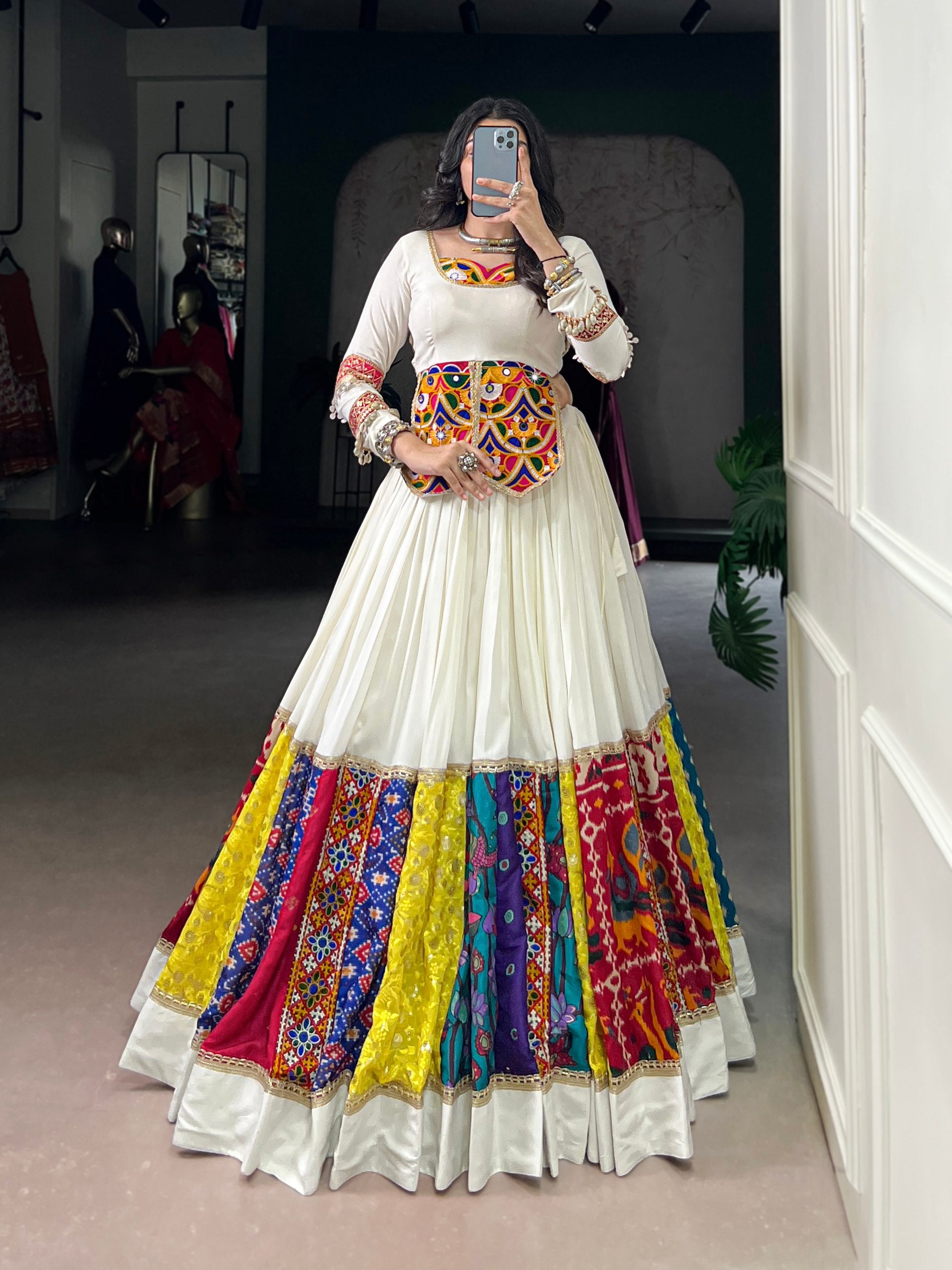 White Pure Rayon Real Mirror Gamthi Work Navratri Lehenga Choli
