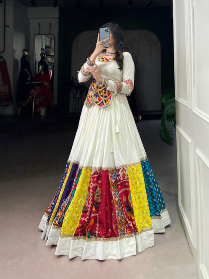 White Pure Rayon Real Mirror Gamthi Work Navratri Lehenga Choli
