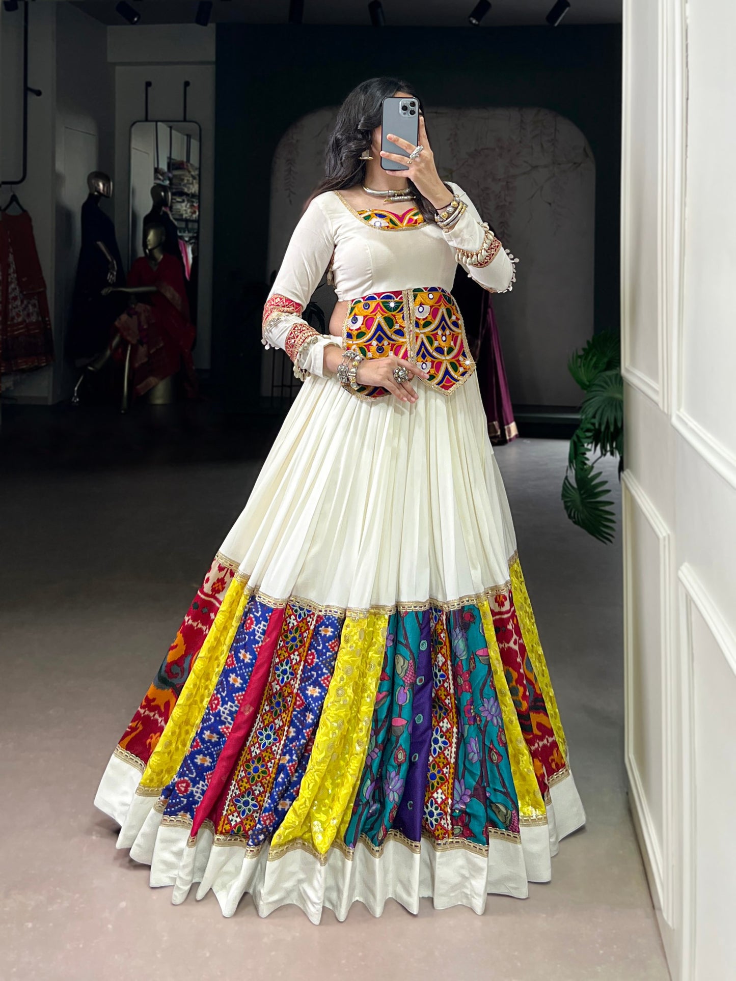 White Pure Rayon Real Mirror Gamthi Work Navratri Lehenga Choli