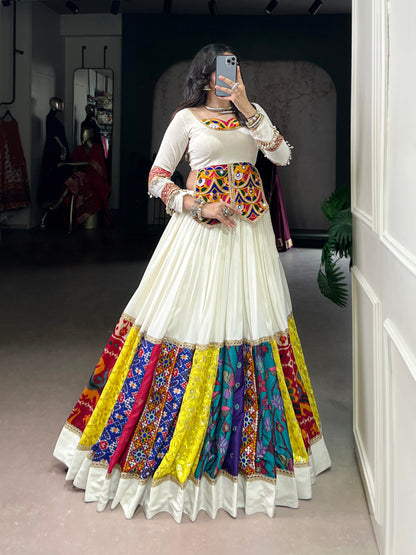 White Pure Rayon Real Mirror Gamthi Work Navratri Lehenga Choli
