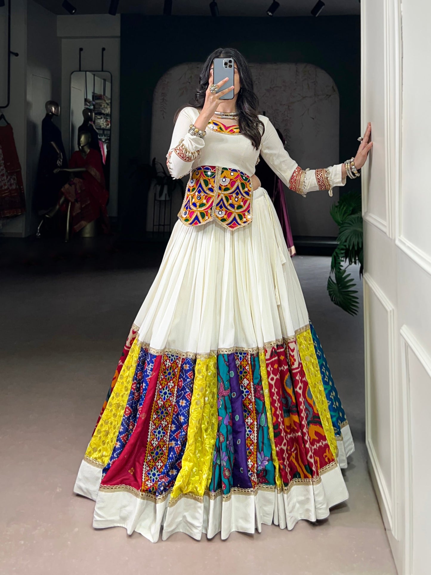 White Pure Rayon Real Mirror Gamthi Work Navratri Lehenga Choli