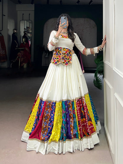 White Pure Rayon Real Mirror Gamthi Work Navratri Lehenga Choli