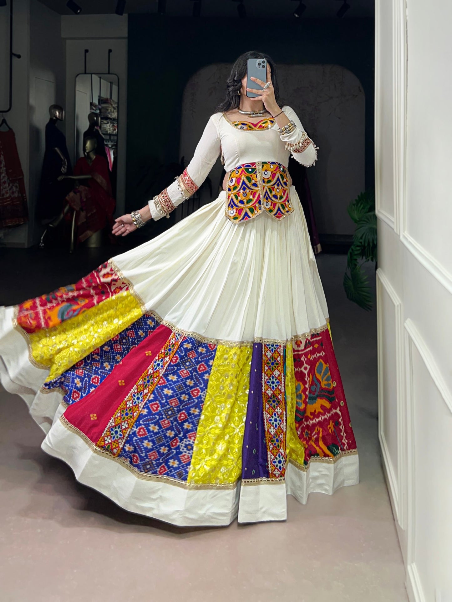White Pure Rayon Real Mirror Gamthi Work Navratri Lehenga Choli