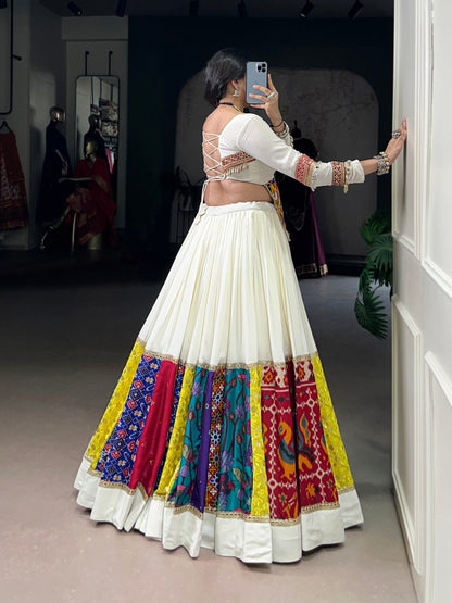 White Pure Rayon Real Mirror Gamthi Work Navratri Lehenga Choli