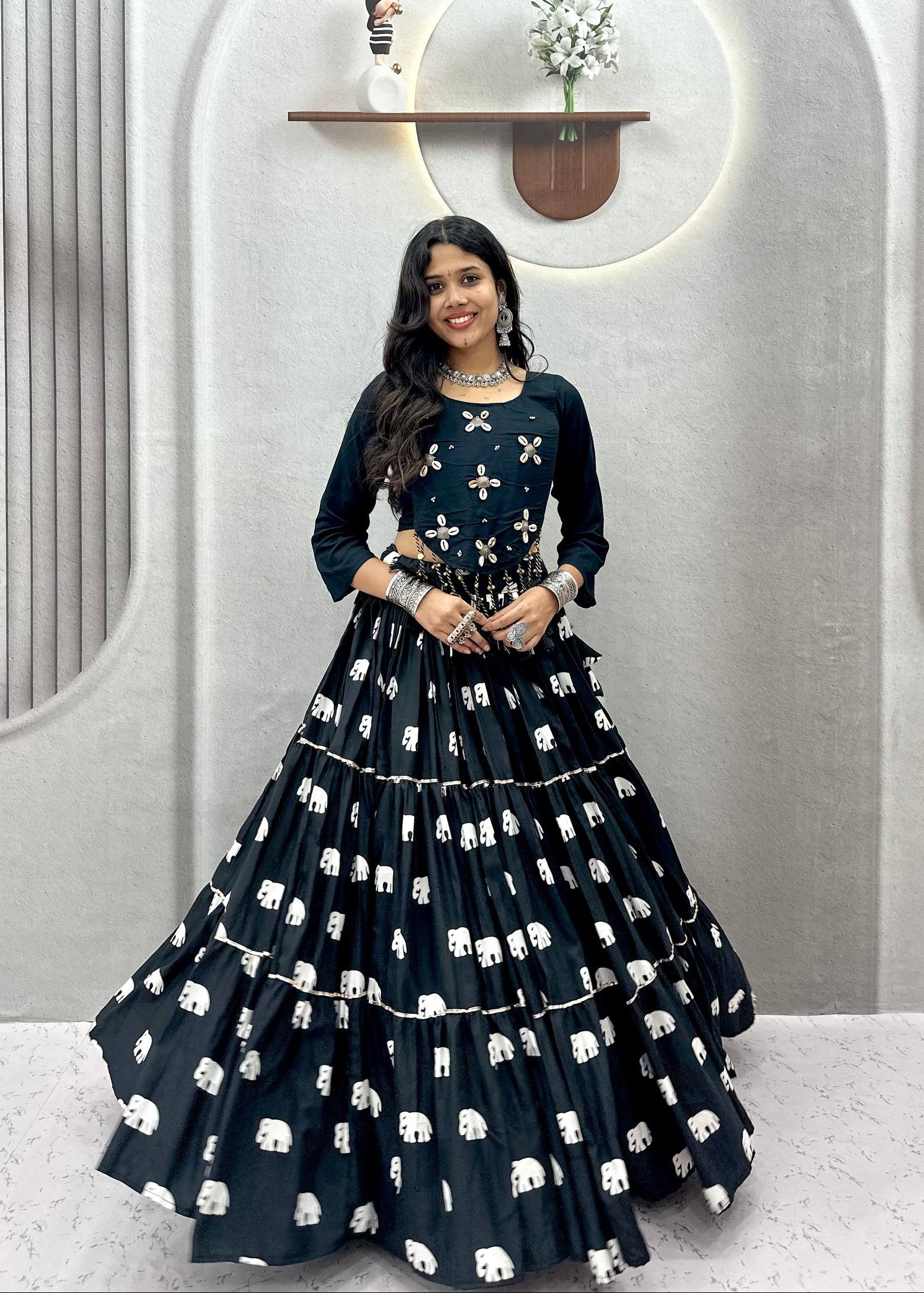 Black pure cotton Navratri chaniya choli with real kodi shell hand work and elephant print
