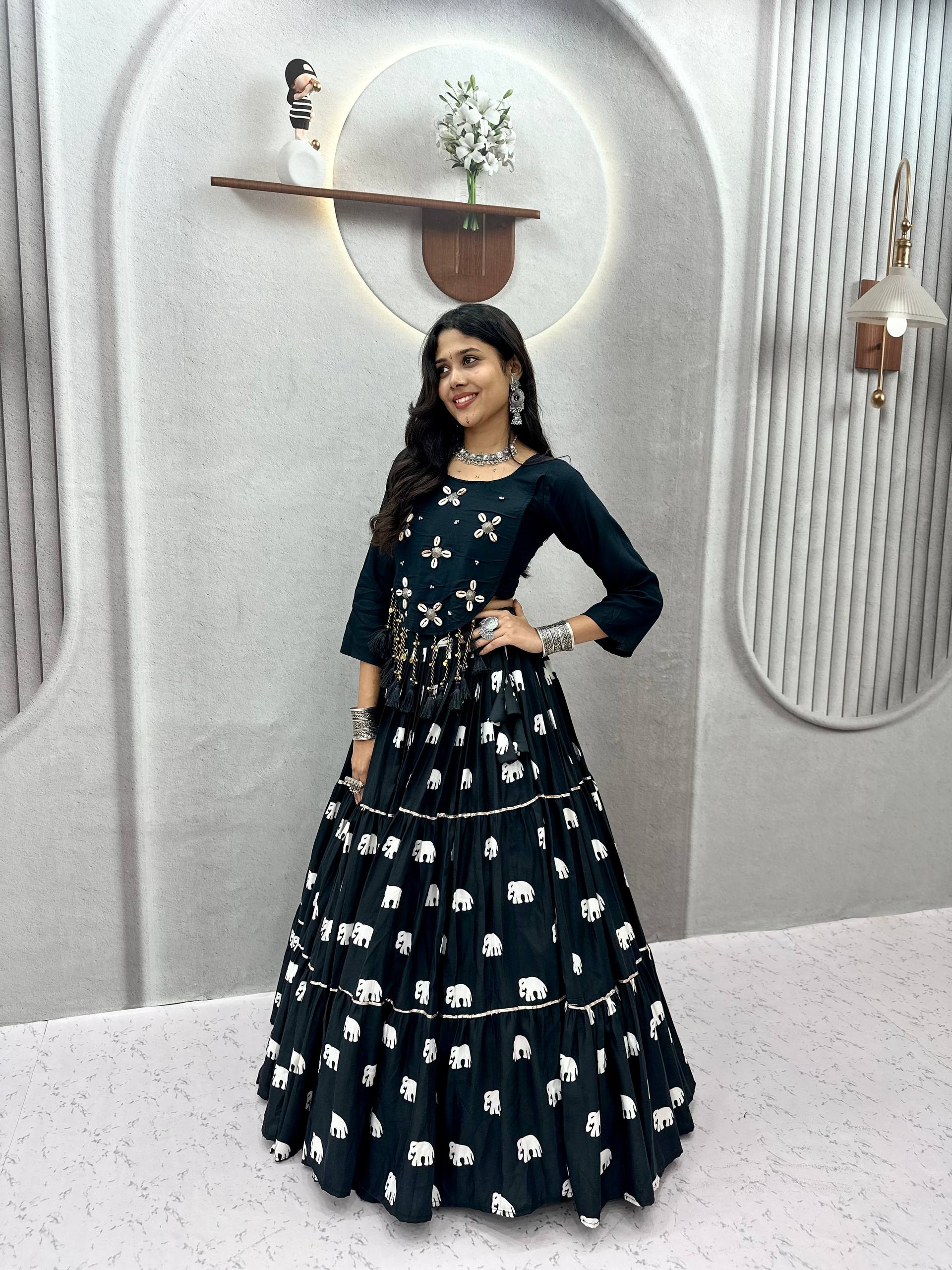 Traditional cotton Navratri lehenga choli black with kodi hand work for dandiya
