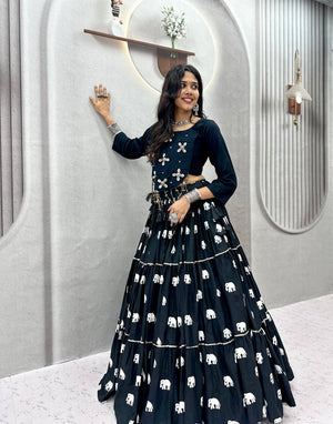 Navratri lehenga black cotton with cowrie shell mirror work crop top and latkans
