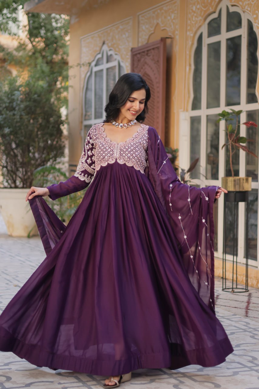 Wine Star Georgette With Embroidery Beads Sequins Work Gown