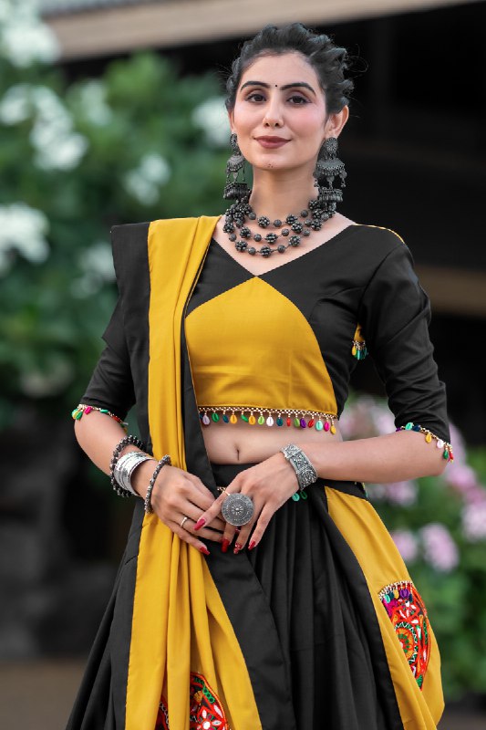 Yellow Pure Cotton Plain With Gamthi Lace and Mirror Work Navratri Lehenga Choli