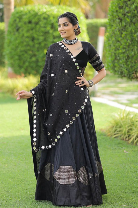 Black Pure Cotton Silk Sequins Work Butta Work Navratri Lehenga Choli