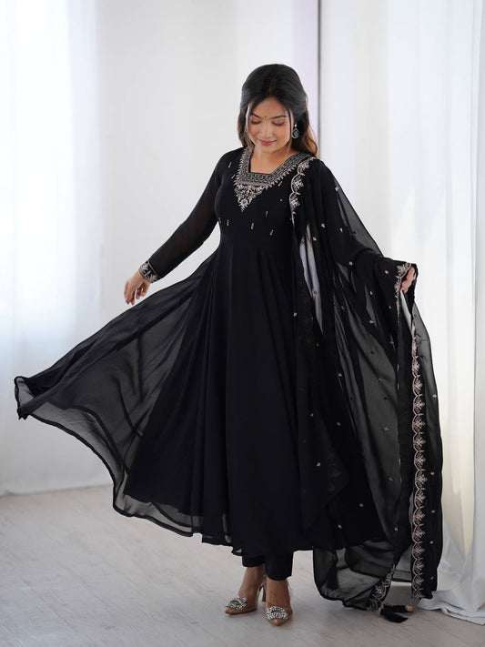 Black Pure Soft Fox Georgette Fabric Fully Flair Anarkali Salwar Suit
