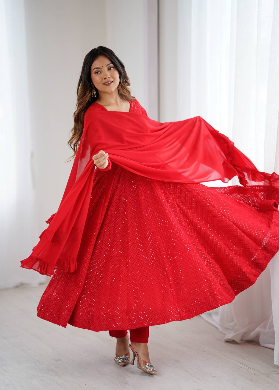 Red Georgette Lukhnowi Sequence Work Anarkali Salwar Suit