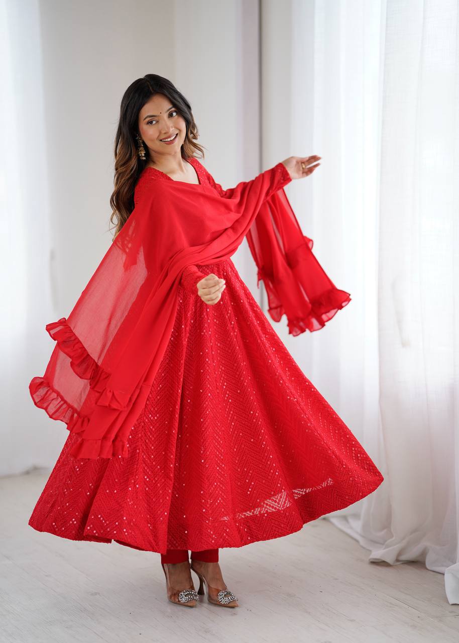 Red Georgette Lukhnowi Sequence Work Anarkali Salwar Suit