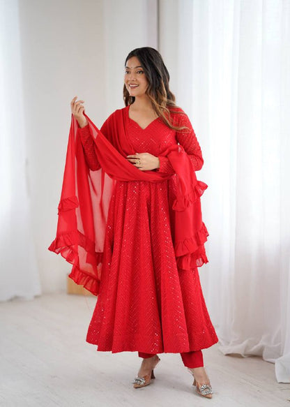 Red Georgette Lukhnowi Sequence Work Anarkali Salwar Suit