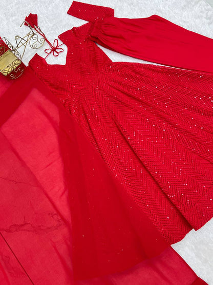 Red Georgette Lukhnowi Sequence Work Anarkali Salwar Suit