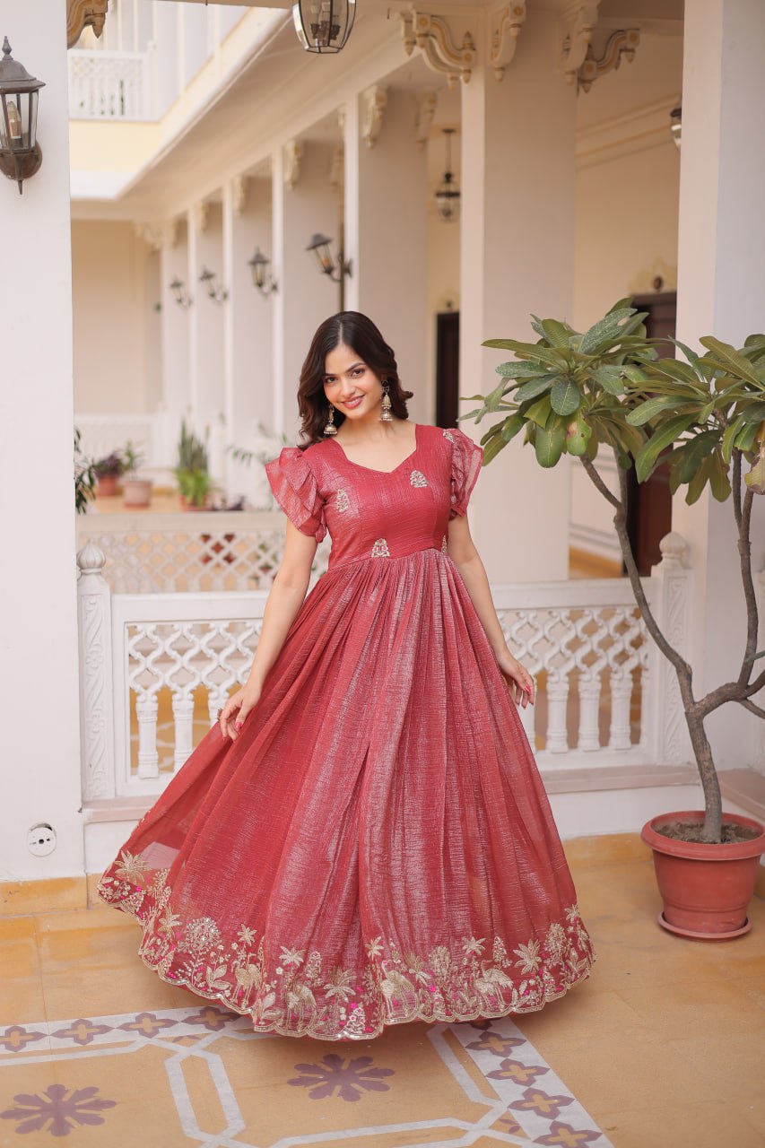 Valentine Red Silver Crunchy Fabric Embroidery Work Gown – Designer Festive Party Wear Gown