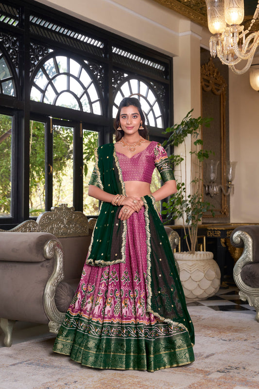 Pink Printed With Zari Weaving Work Kanchipuram Lehenga Choli