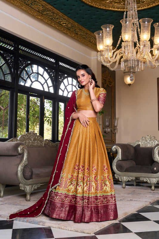 Musterd Printed With Zari Weaving Work Kanchipuram Lehenga Choli