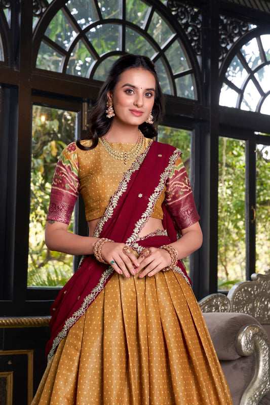 Musterd Printed With Zari Weaving Work Kanchipuram Lehenga Choli