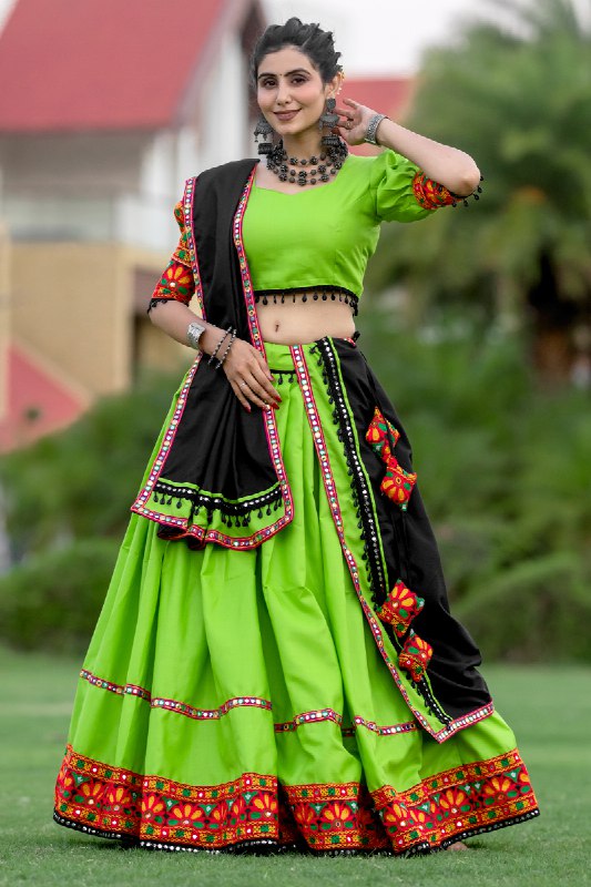 Parrot Green Pure Cotton Plain With Gamthi Lace and Mirror Work Navratri Lehenga Choli