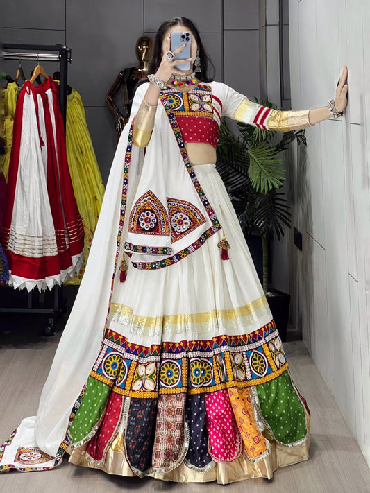 White Pure Rayon Cotton Temple Box Patterns Navratri Lehenga Choli