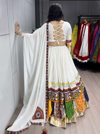 White Pure Rayon Cotton Temple Box Patterns Navratri Lehenga Choli