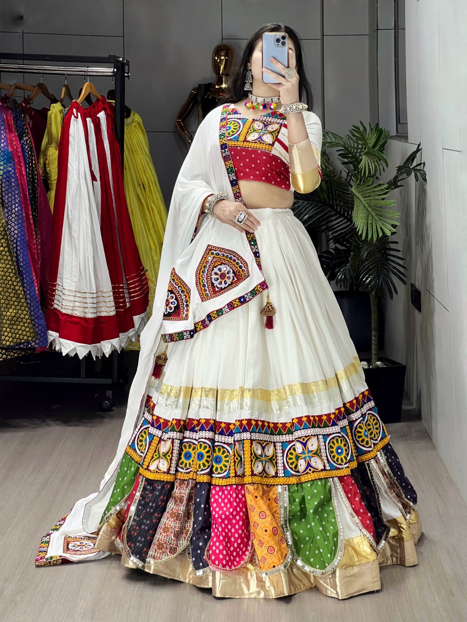 White Pure Rayon Cotton Temple Box Patterns Navratri Lehenga Choli