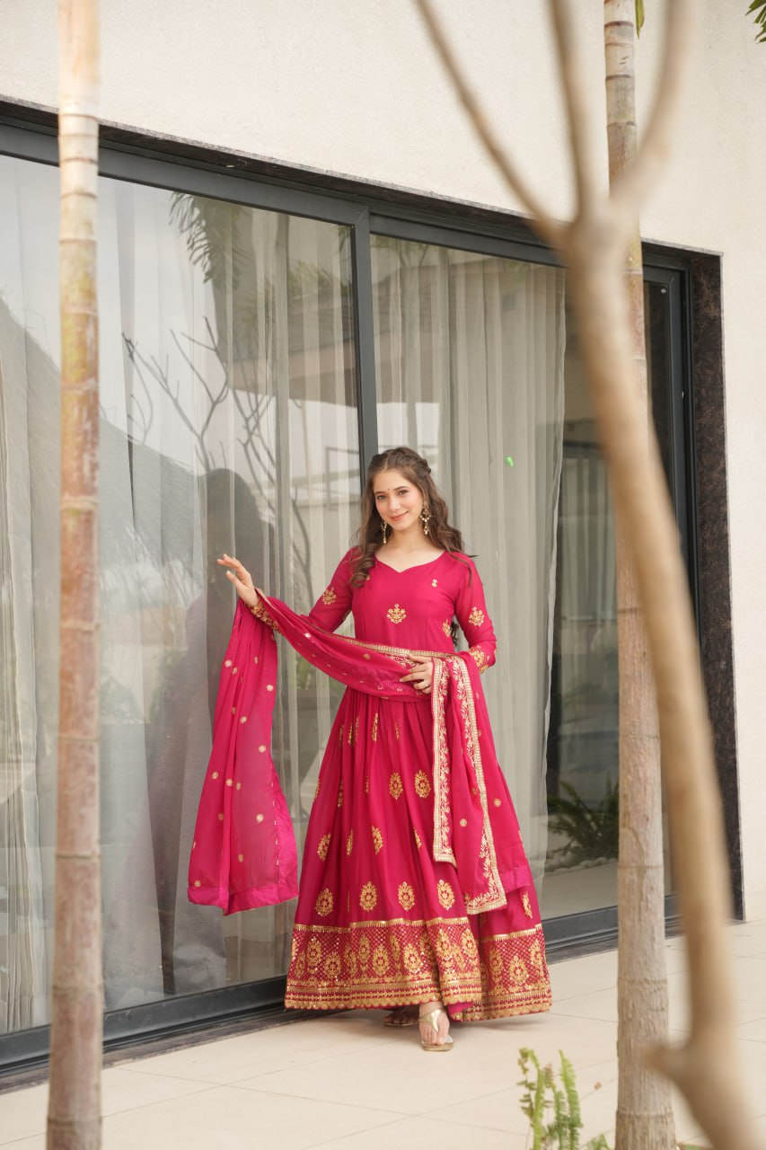 Pink Star Georgette With Embroidery Zari Sequins Work Gown