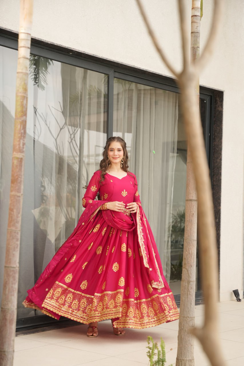 Pink Star Georgette With Embroidery Zari Sequins Work Gown