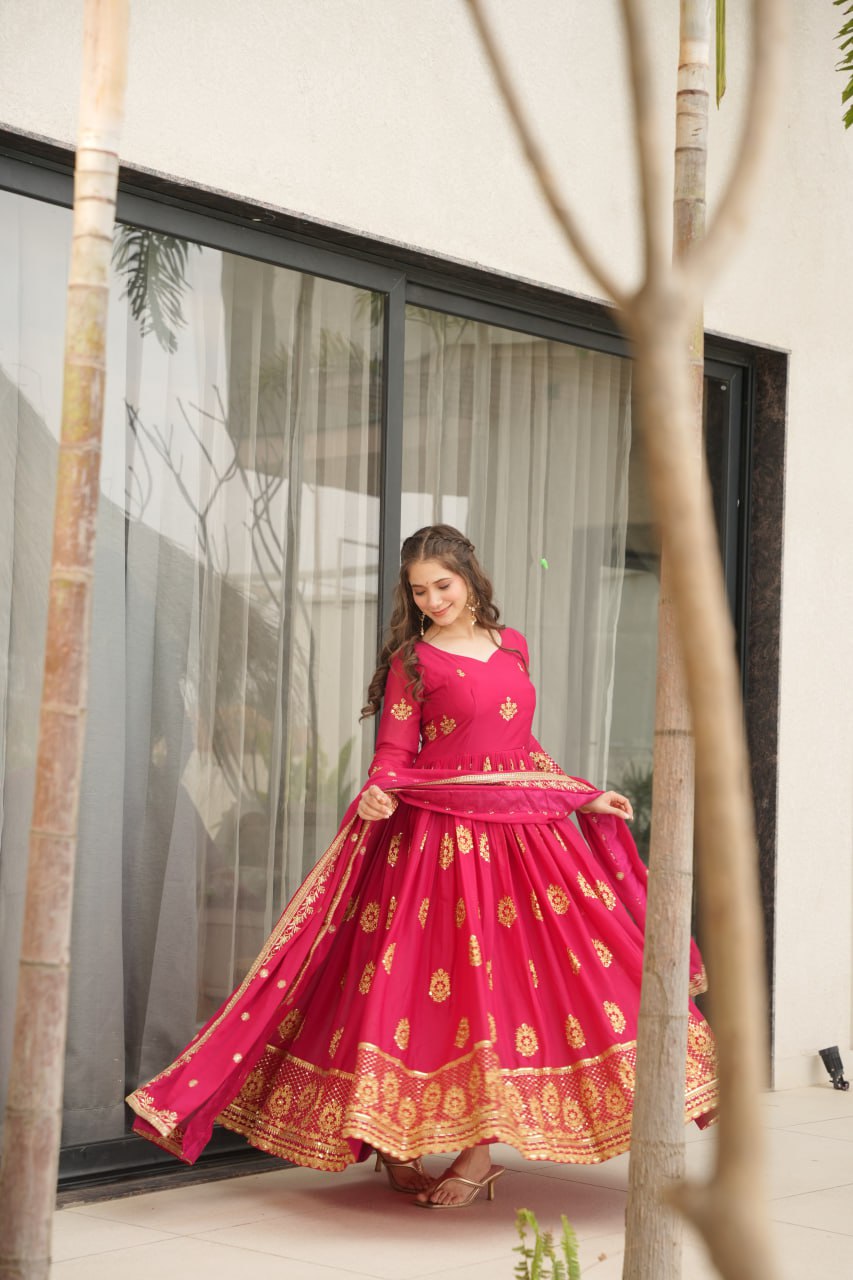 Pink Star Georgette With Embroidery Zari Sequins Work Gown