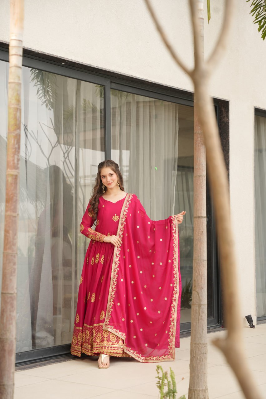 Pink Star Georgette With Embroidery Zari Sequins Work Gown
