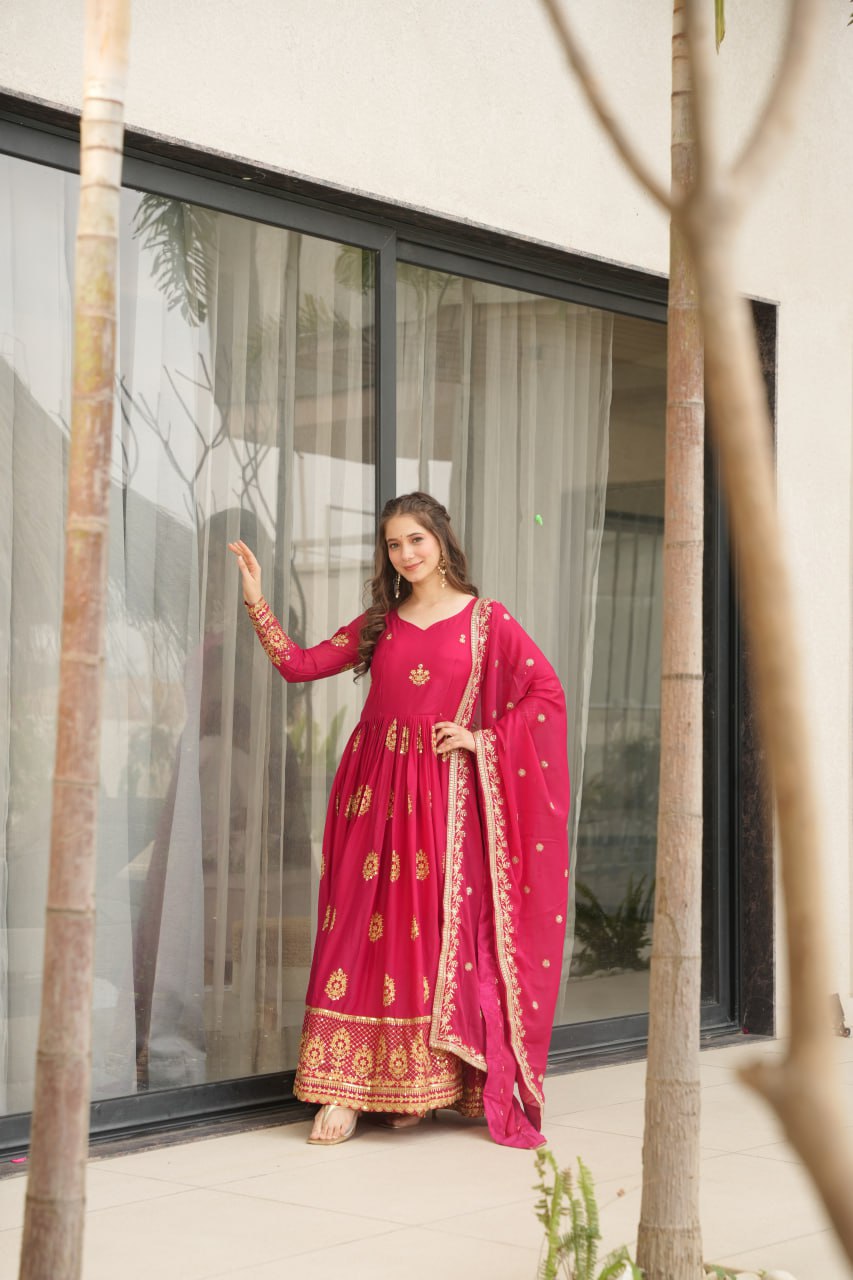 Pink Star Georgette With Embroidery Zari Sequins Work Gown