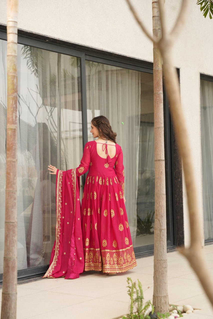 Pink Star Georgette With Embroidery Zari Sequins Work Gown