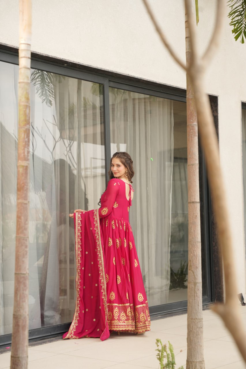 Pink Star Georgette With Embroidery Zari Sequins Work Gown