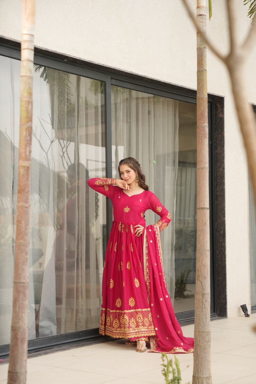 Pink Star Georgette With Embroidery Zari Sequins Work Gown