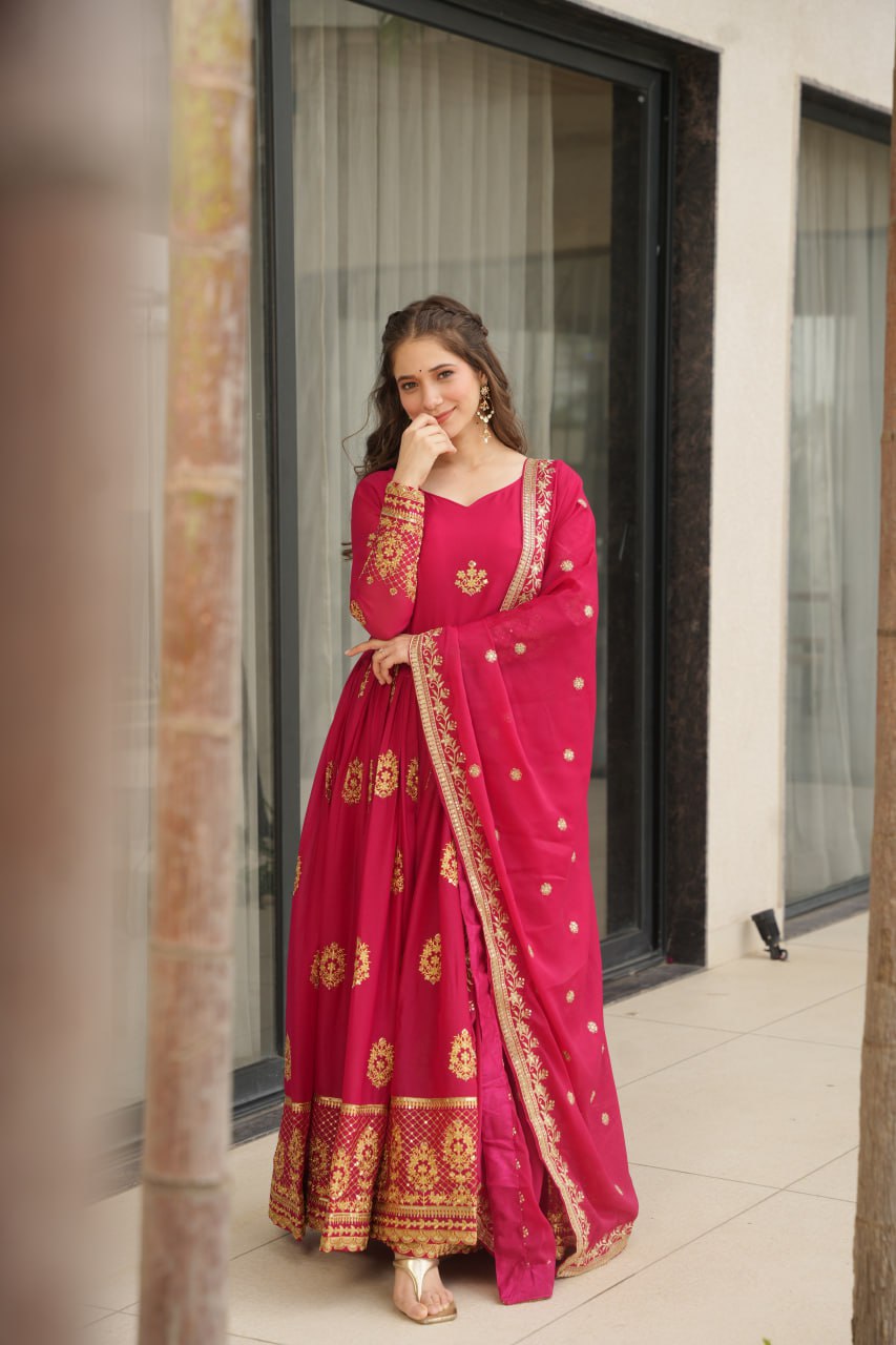 Pink Star Georgette With Embroidery Zari Sequins Work Gown
