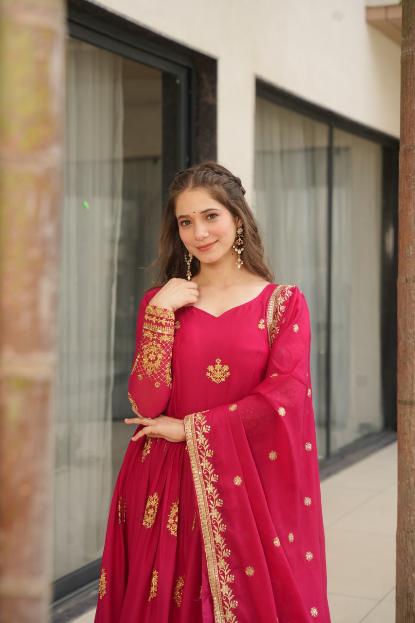 Pink Star Georgette With Embroidery Zari Sequins Work Gown
