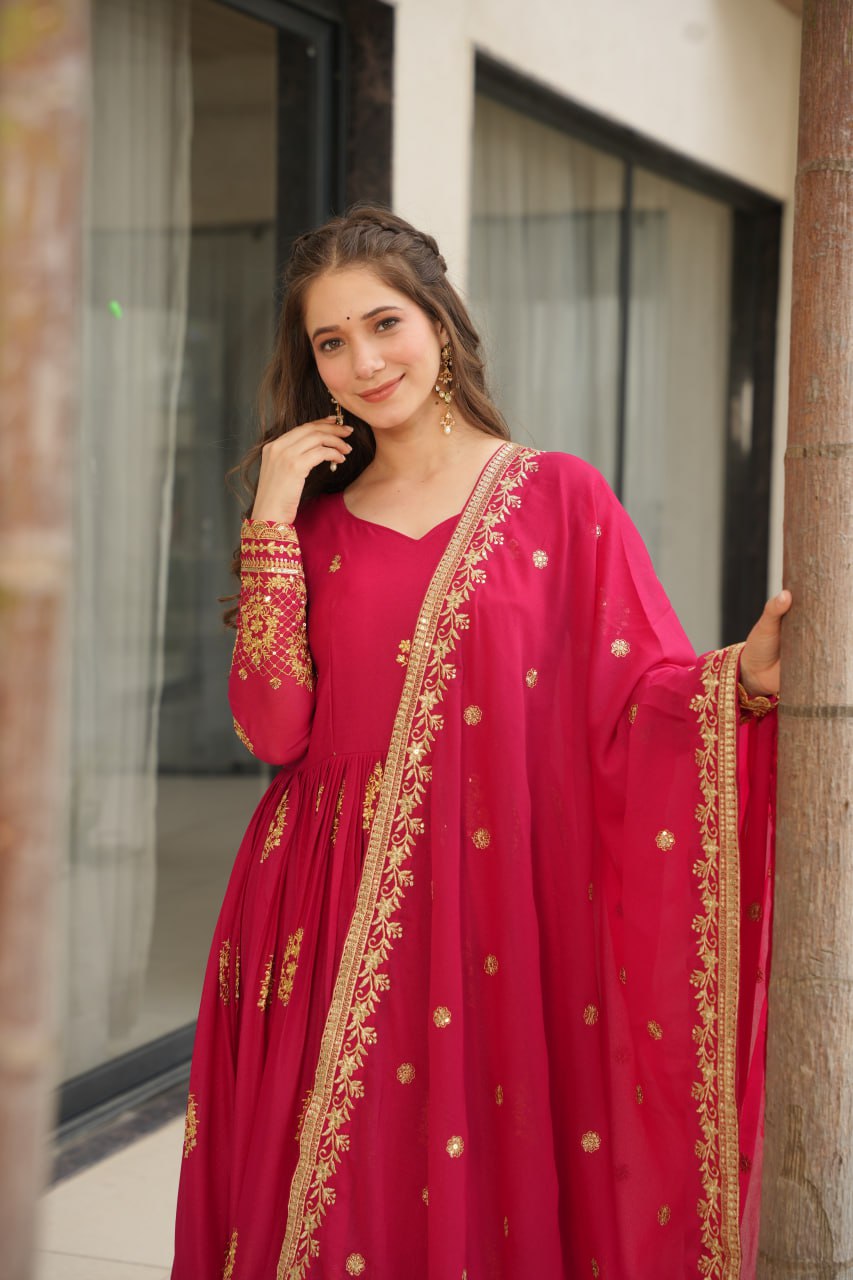 Pink Star Georgette With Embroidery Zari Sequins Work Gown
