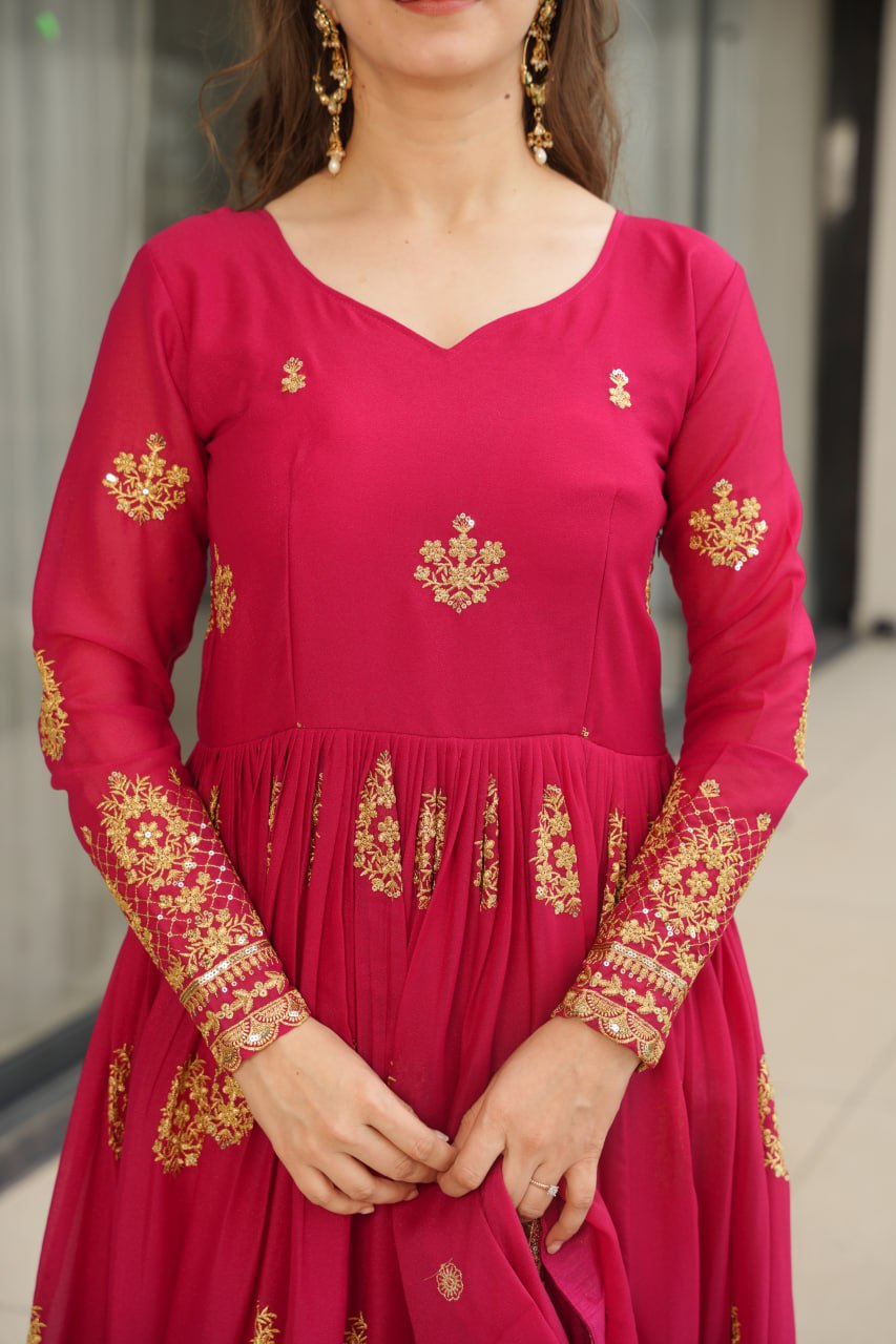 Pink Star Georgette With Embroidery Zari Sequins Work Gown