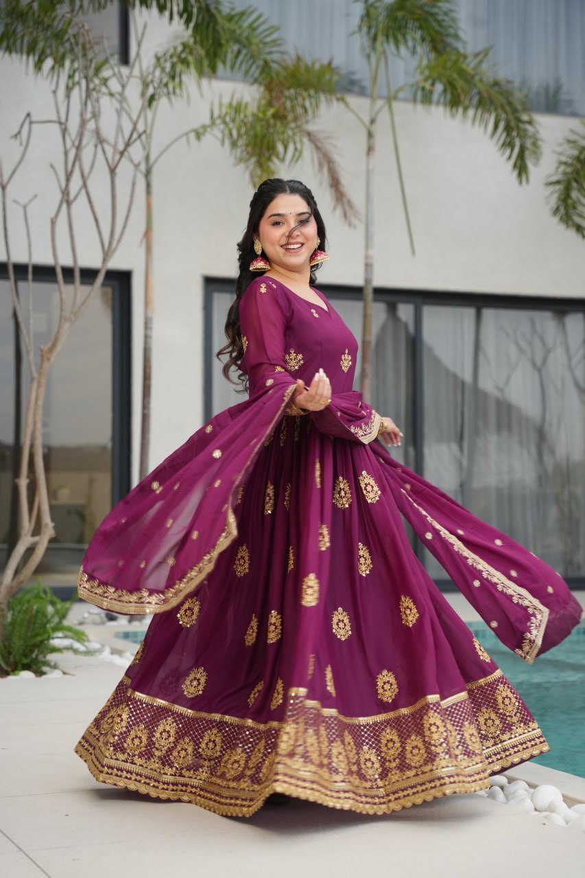 Wine Star Georgette With Embroidery Zari Sequins Work Gown