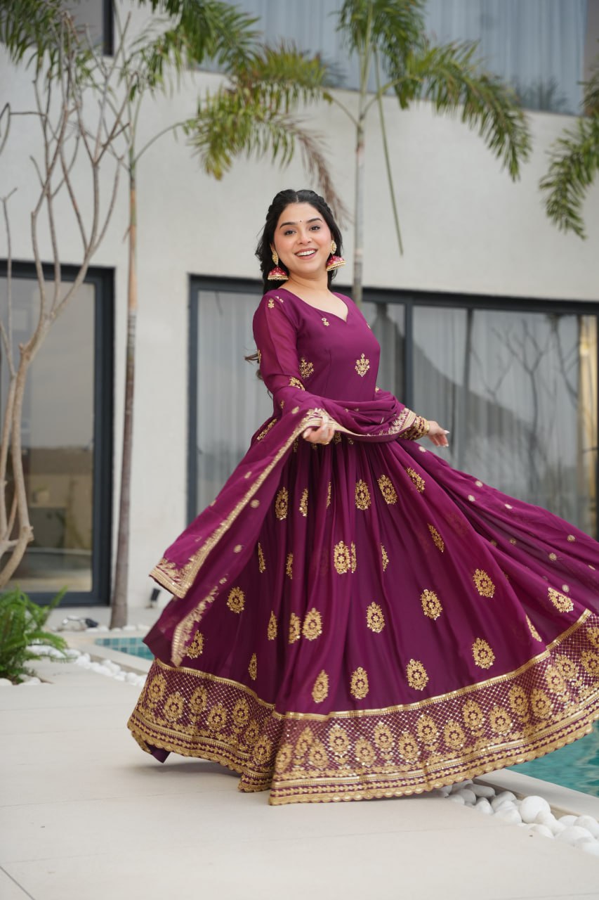 Wine Star Georgette With Embroidery Zari Sequins Work Gown