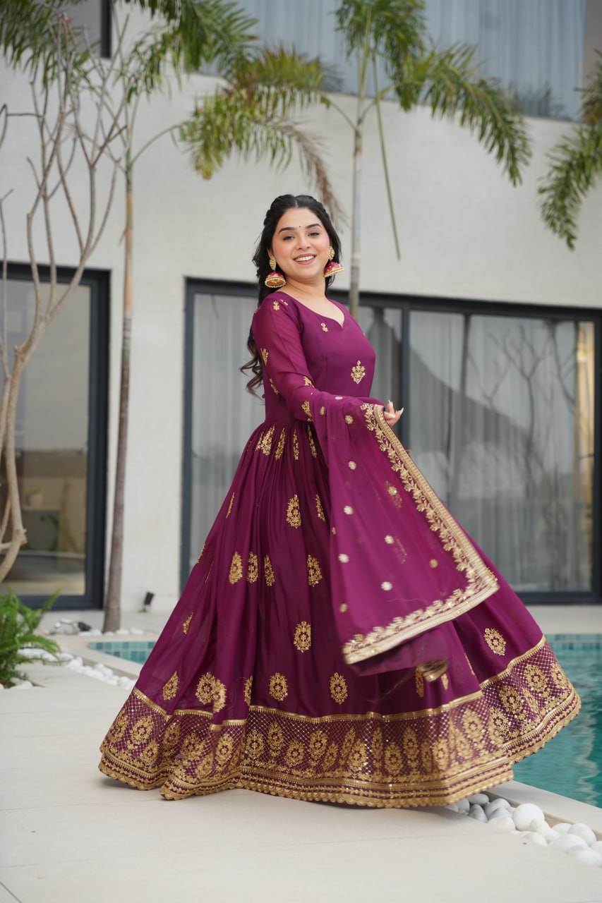 Wine Star Georgette With Embroidery Zari Sequins Work Gown