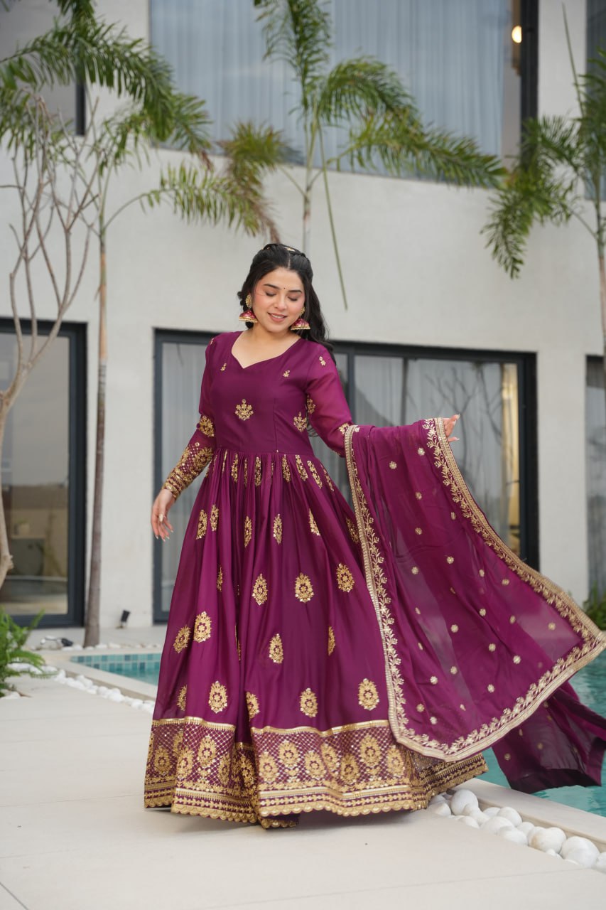 Wine Star Georgette With Embroidery Zari Sequins Work Gown