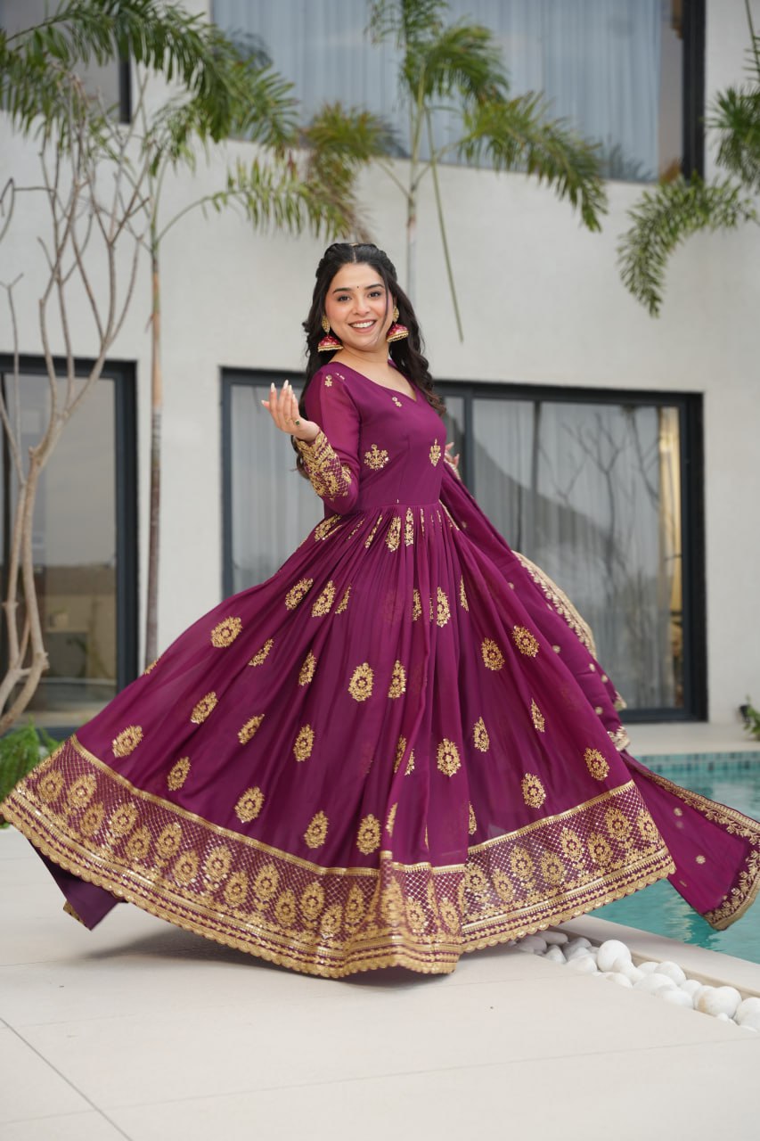 Wine Star Georgette With Embroidery Zari Sequins Work Gown
