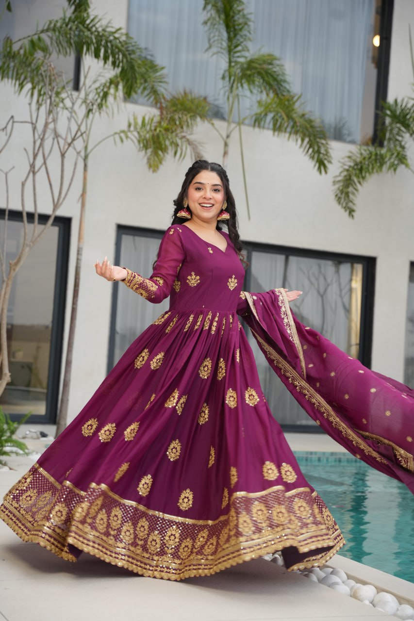 Wine Star Georgette With Embroidery Zari Sequins Work Gown