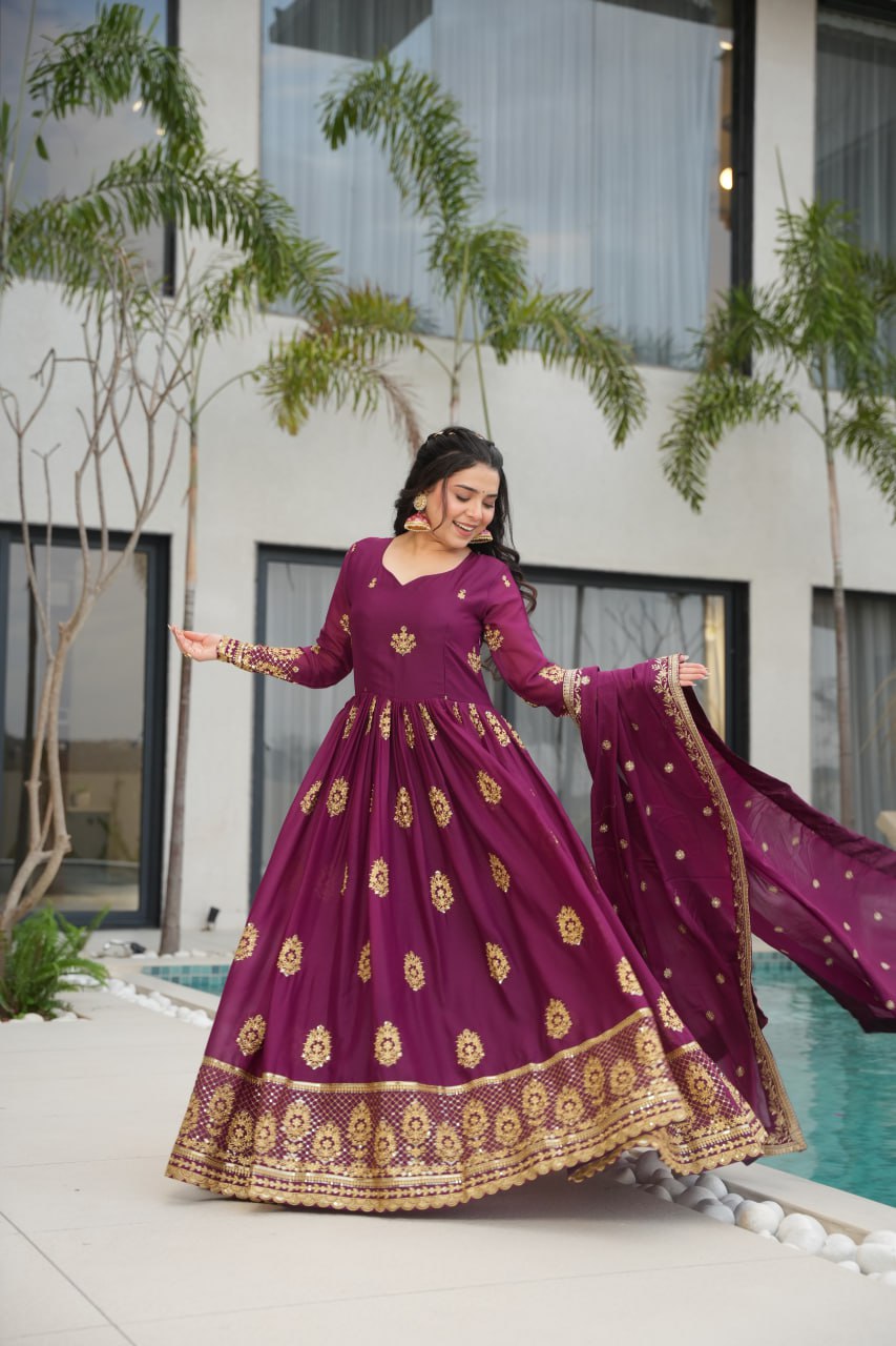 Wine Star Georgette With Embroidery Zari Sequins Work Gown