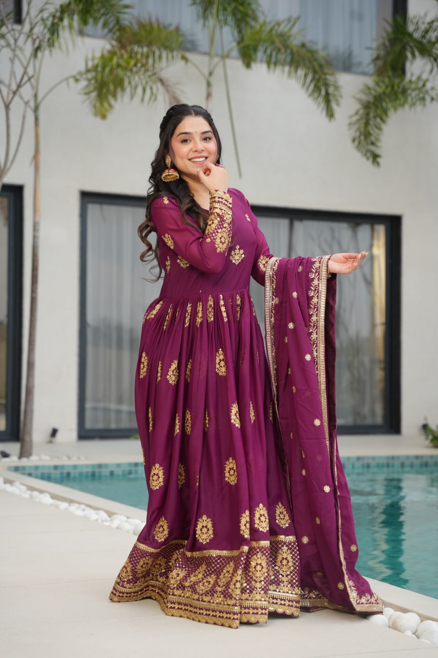 Wine Star Georgette With Embroidery Zari Sequins Work Gown